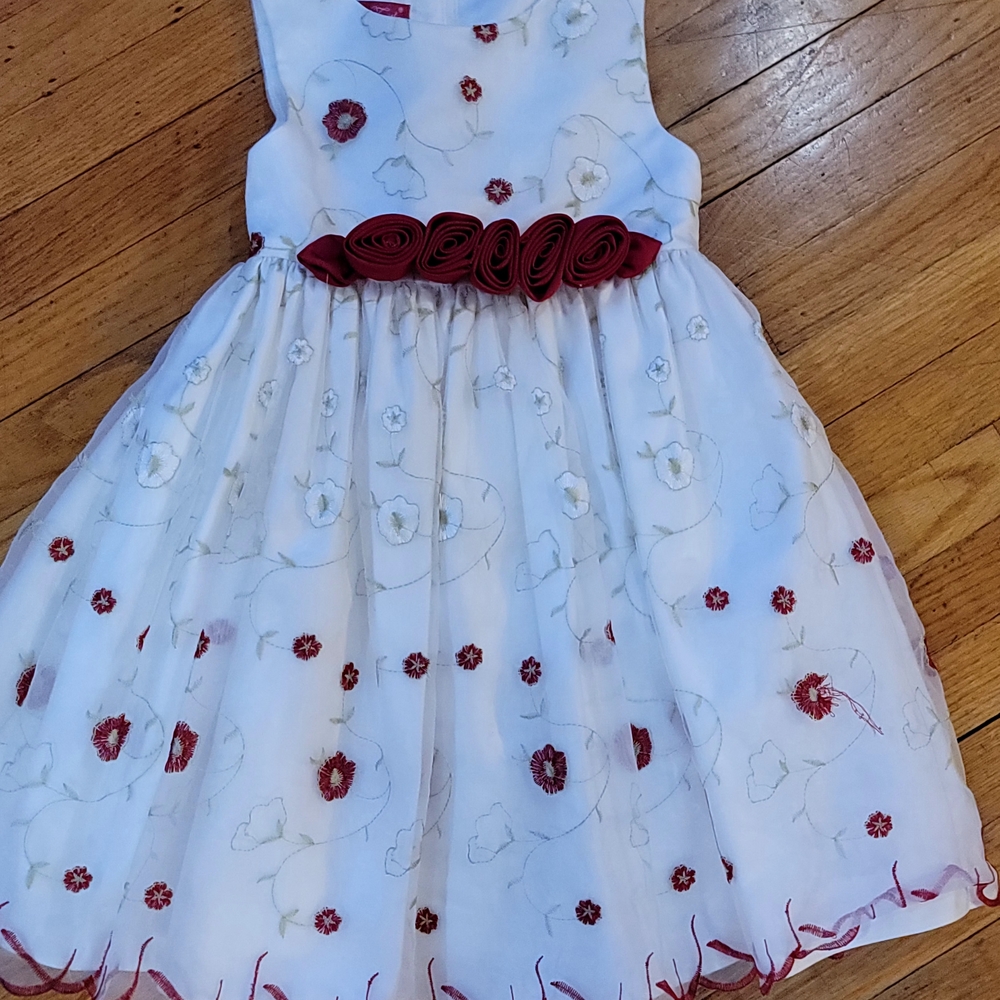 White and Red Floral Embroidered Girls Formal Dress with Rosette Waist